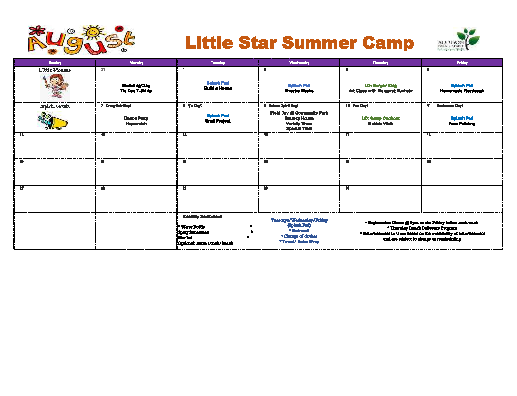 summer camp calendar template